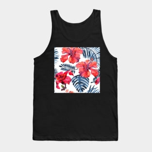 Watercolor tropical leaves and plants. Hand painted jungle greenery background Tank Top